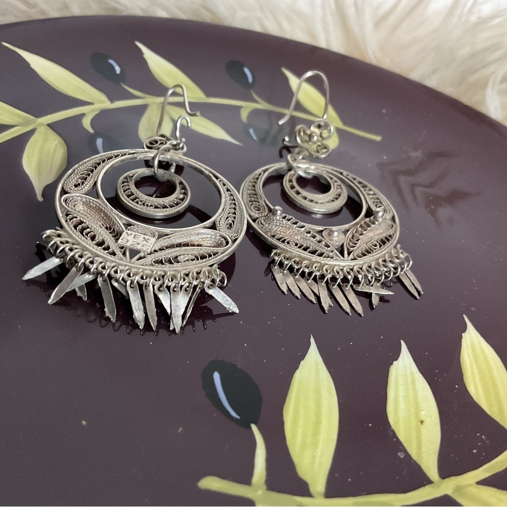 Vintage Silver Concentric  Filigree Hoop Earrings with Tassels - Picture 5 of 8